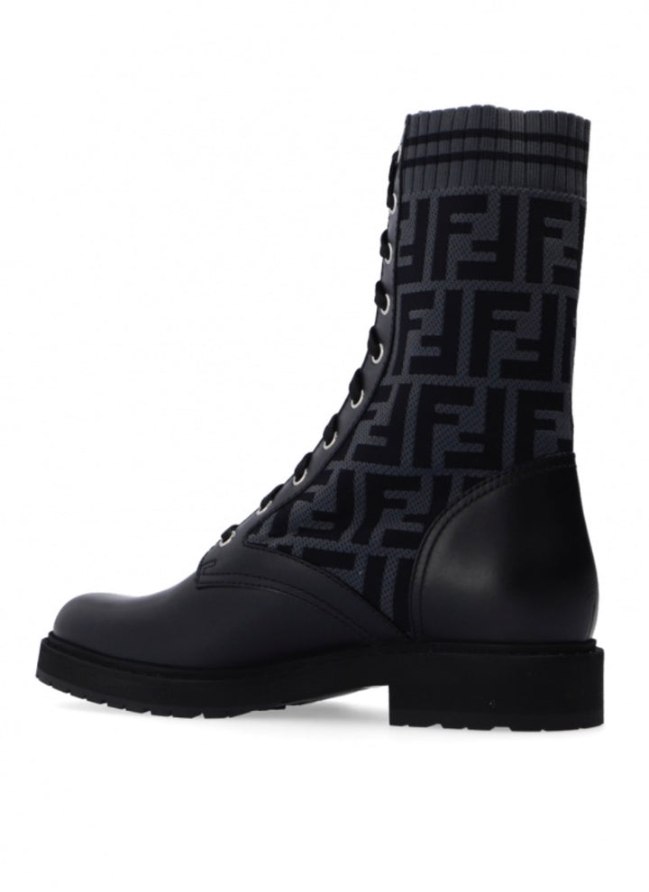 FENDI FF ZUCCA ROCKOKO LEATHER &amp; KNIT COMBAT BOOTS