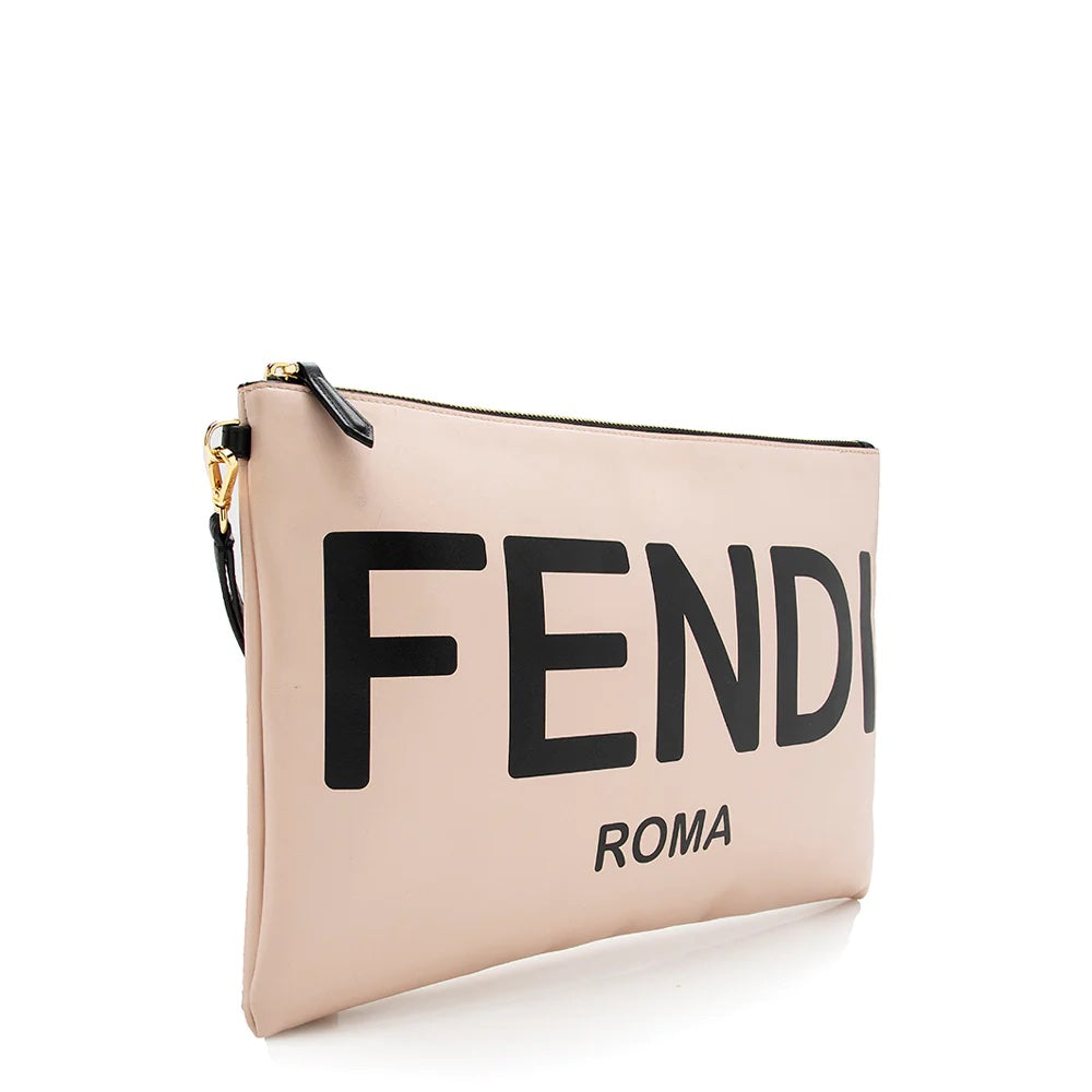 FENDI ROMA LOGO LEATHER POUCH CLUTCH BAG