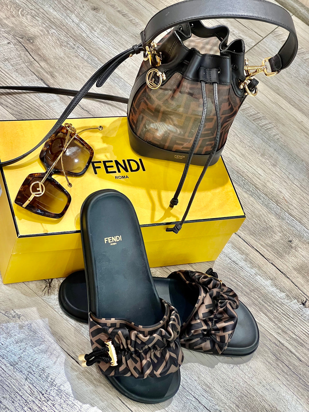 FENDI FF PRINTED SATIN SLIDES