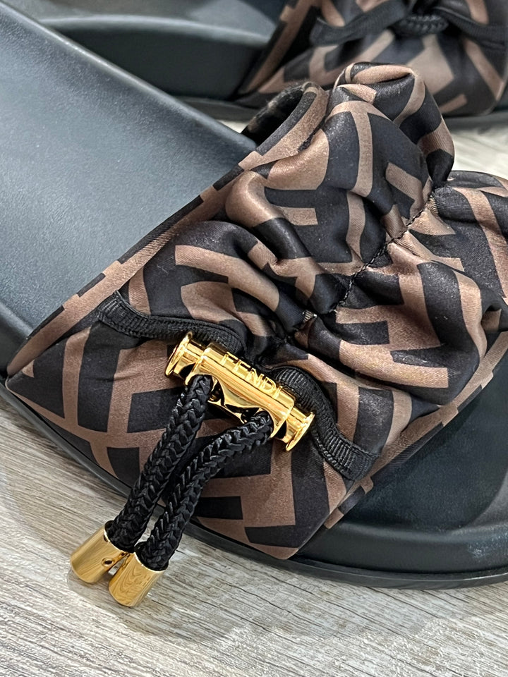 FENDI FF PRINTED SATIN SLIDES