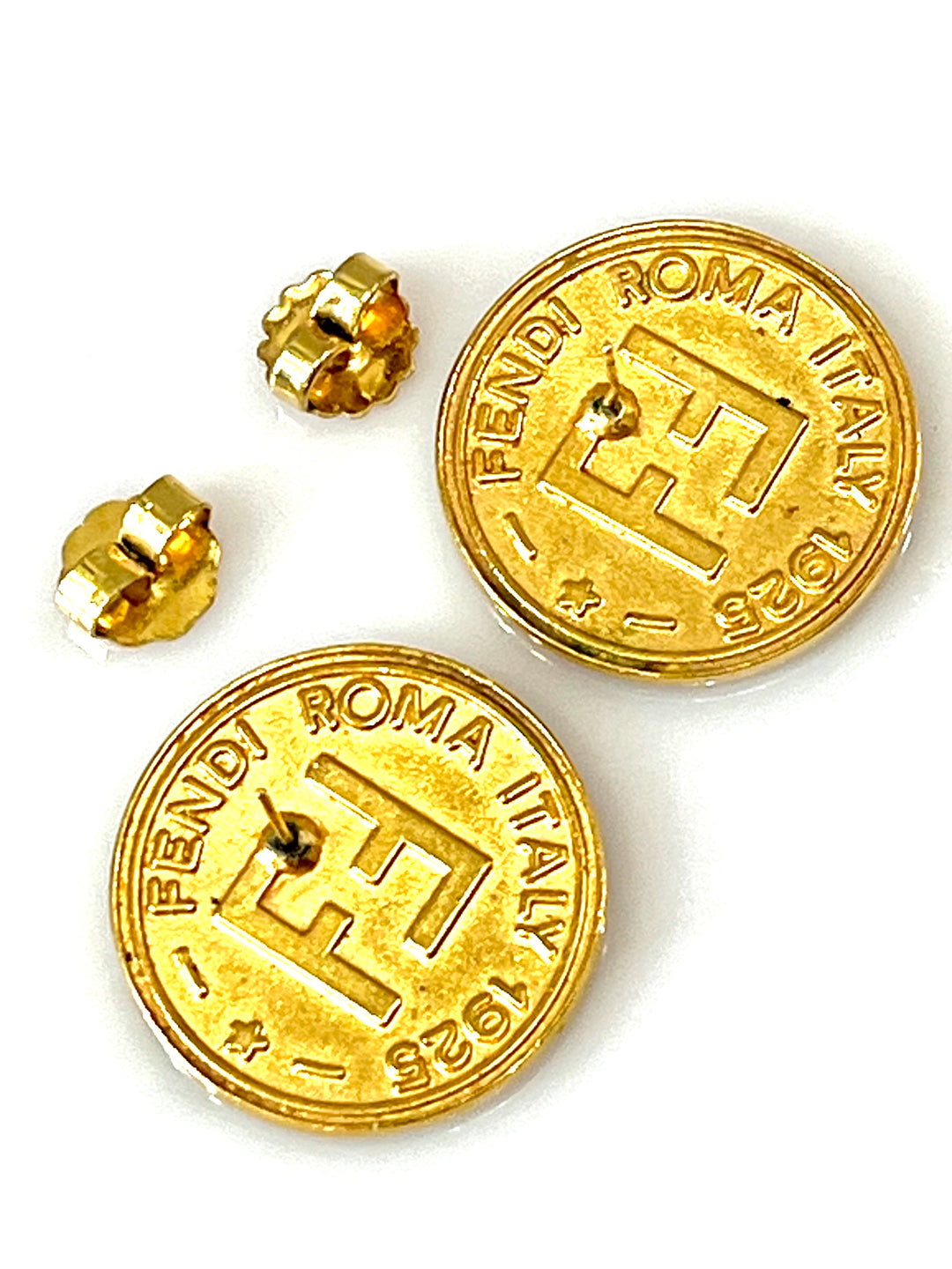 FENDI SIGNED CROWN CREST LOGO INSIGNIA COIN STUD EARRINGS