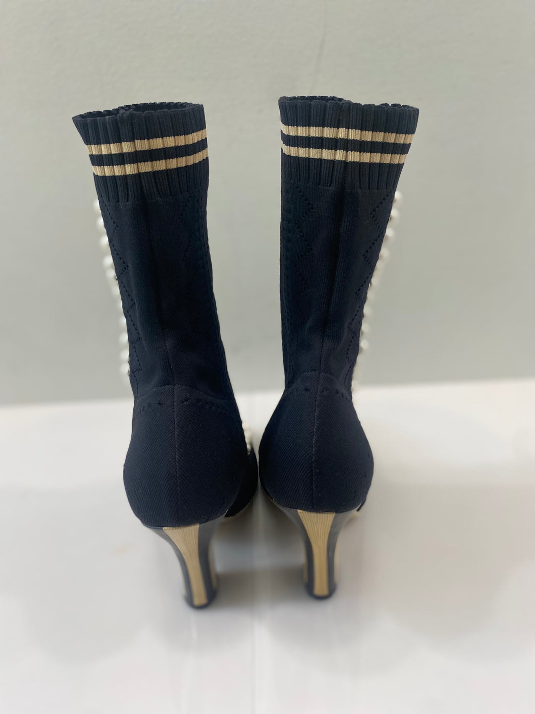 FENDI STRETCH FABRIC PEARL EMBELLISHED ROCKOKO OPENWORK SOCK BOOTS