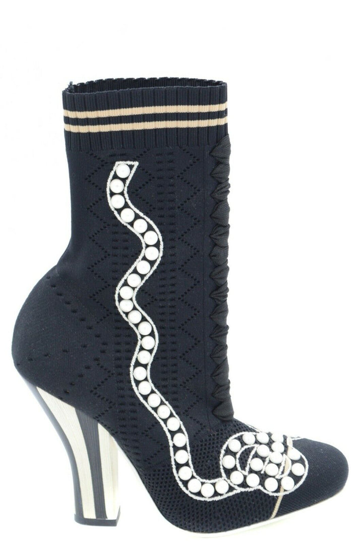 FENDI STRETCH FABRIC PEARL EMBELLISHED ROCKOKO OPENWORK SOCK BOOTS