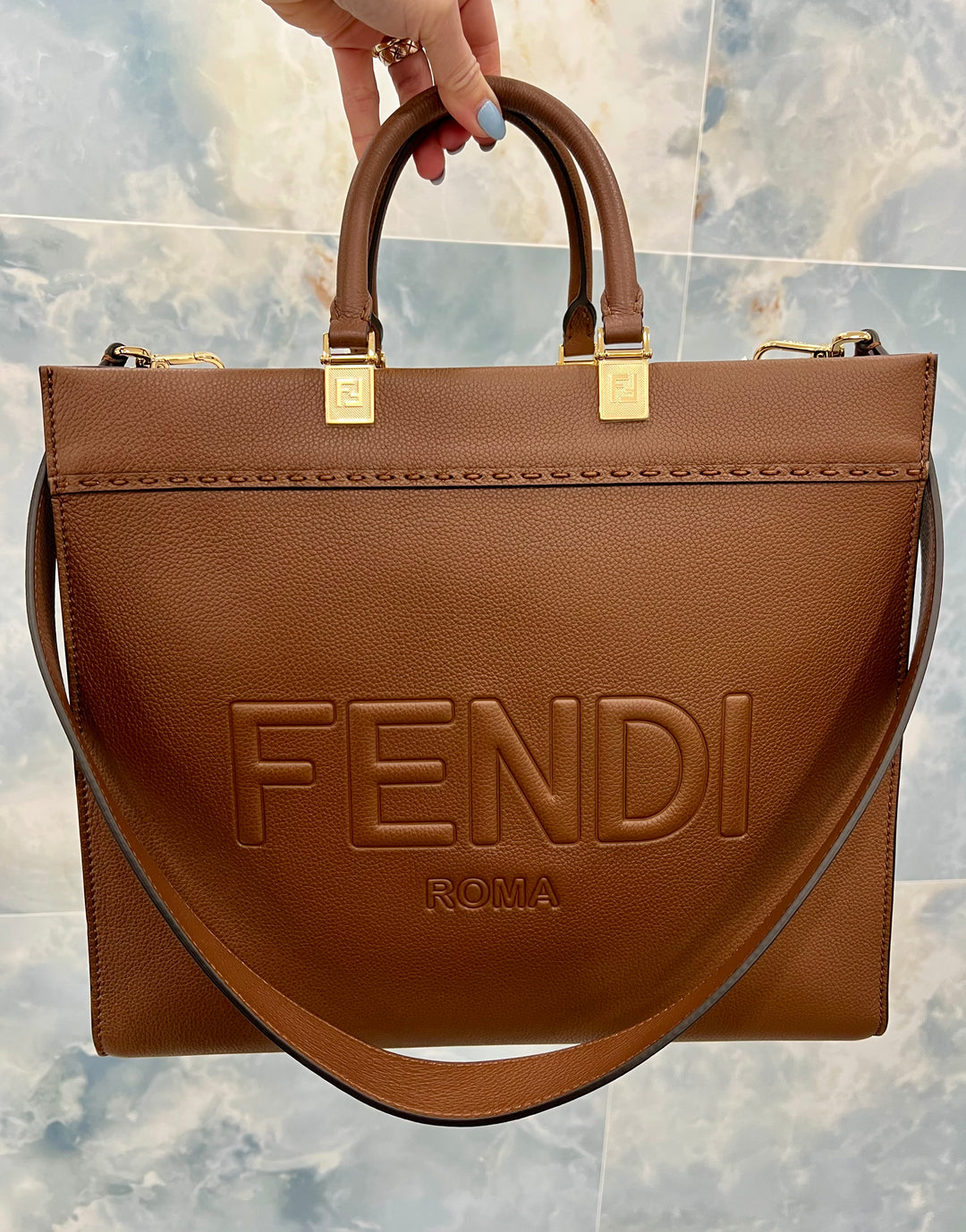 FENDI SUNSHINE CALFSKIN LEATHER MEDIUM SHOPPER TOTE BAG