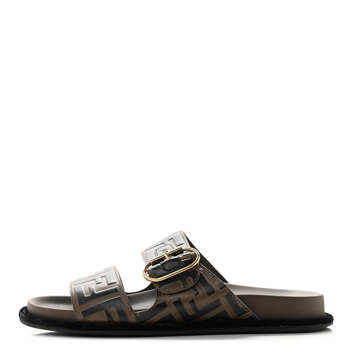 FENDI ZUCCA CALFSKIN FF EMBOSSED SLIDE SANDALS