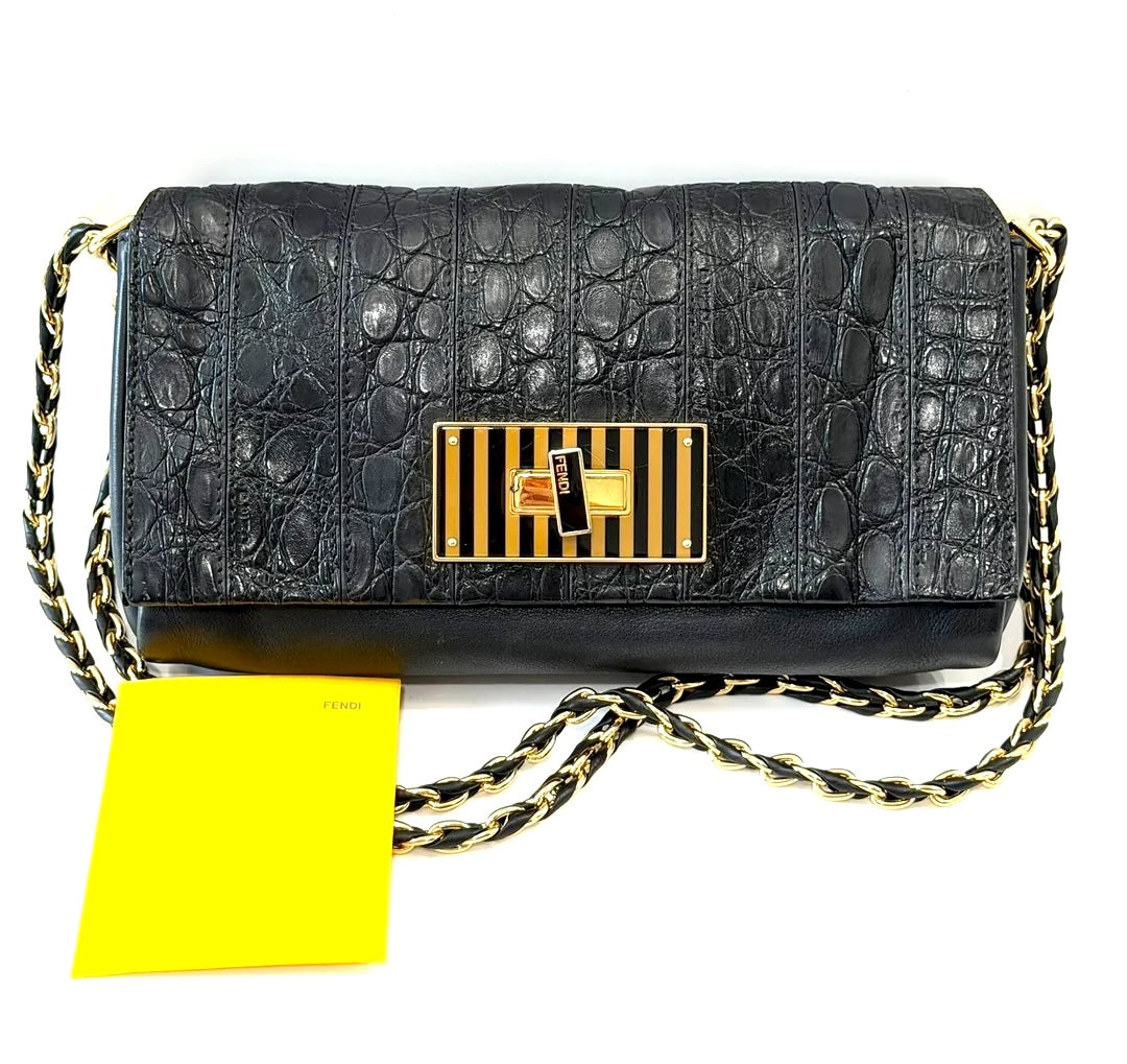 FENDI CLAUDIA CROC EMBOSSED CALFSKIN LEATHER SHOULDER BAG