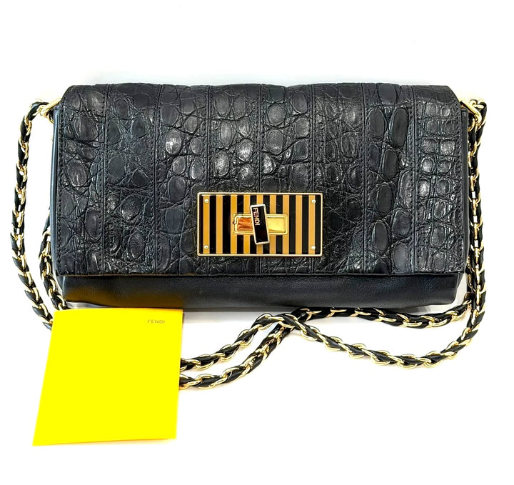 FENDI CLAUDIA CROC EMBOSSED CALFSKIN LEATHER SHOULDER BAG