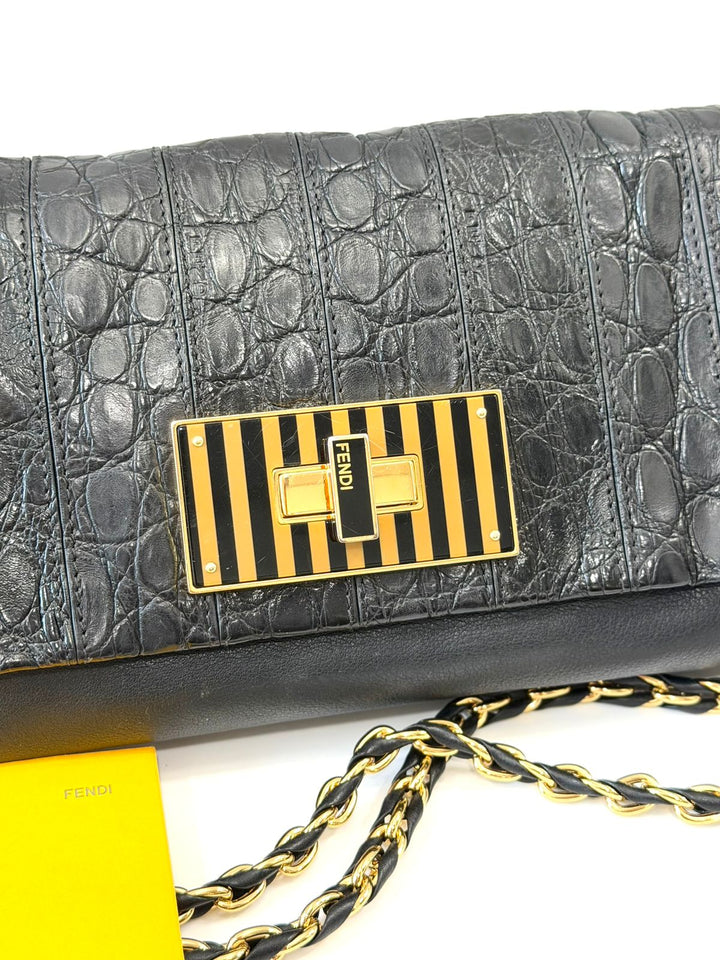FENDI CLAUDIA CROC EMBOSSED CALFSKIN LEATHER SHOULDER BAG