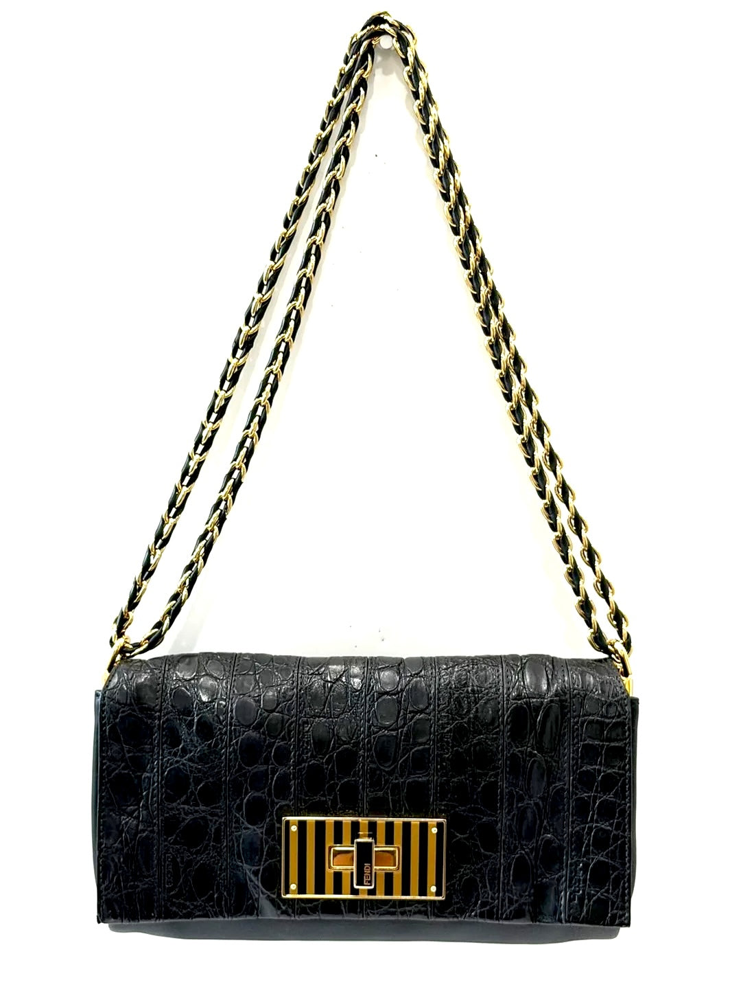 FENDI CLAUDIA CROC EMBOSSED CALFSKIN LEATHER SHOULDER BAG
