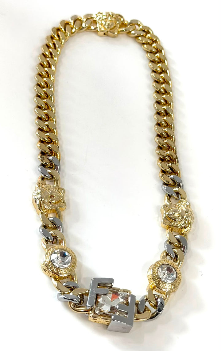 FENDI FENDACE TWO-TONE BRASS CHAIN NECKLACE