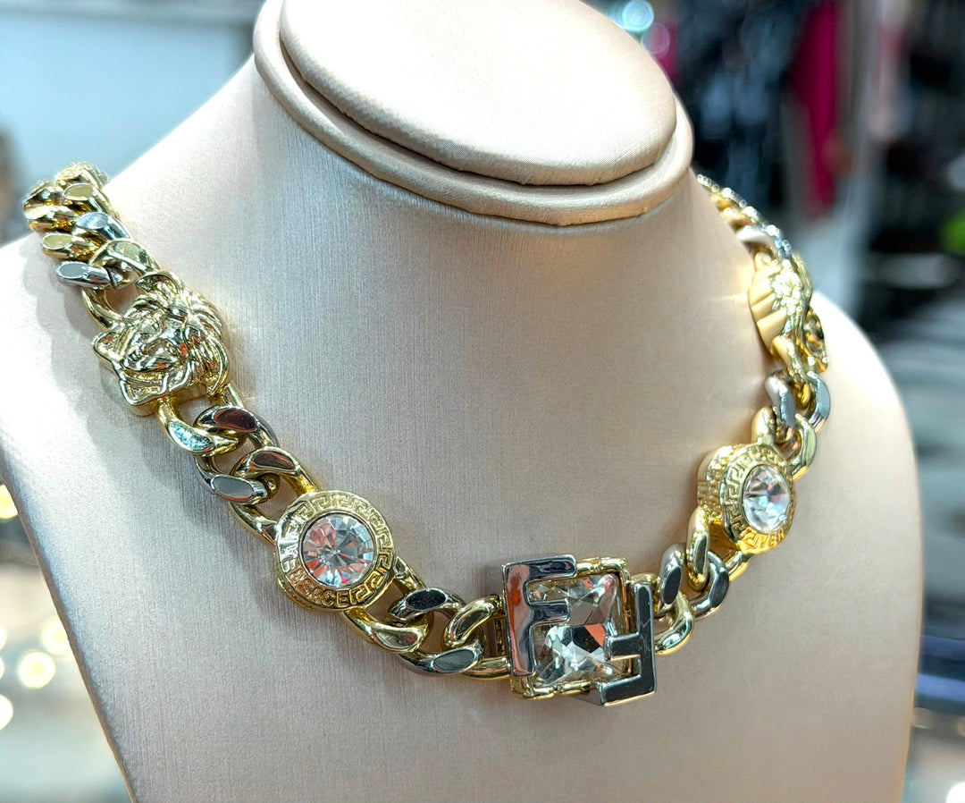 FENDI FENDACE TWO-TONE BRASS CHAIN NECKLACE