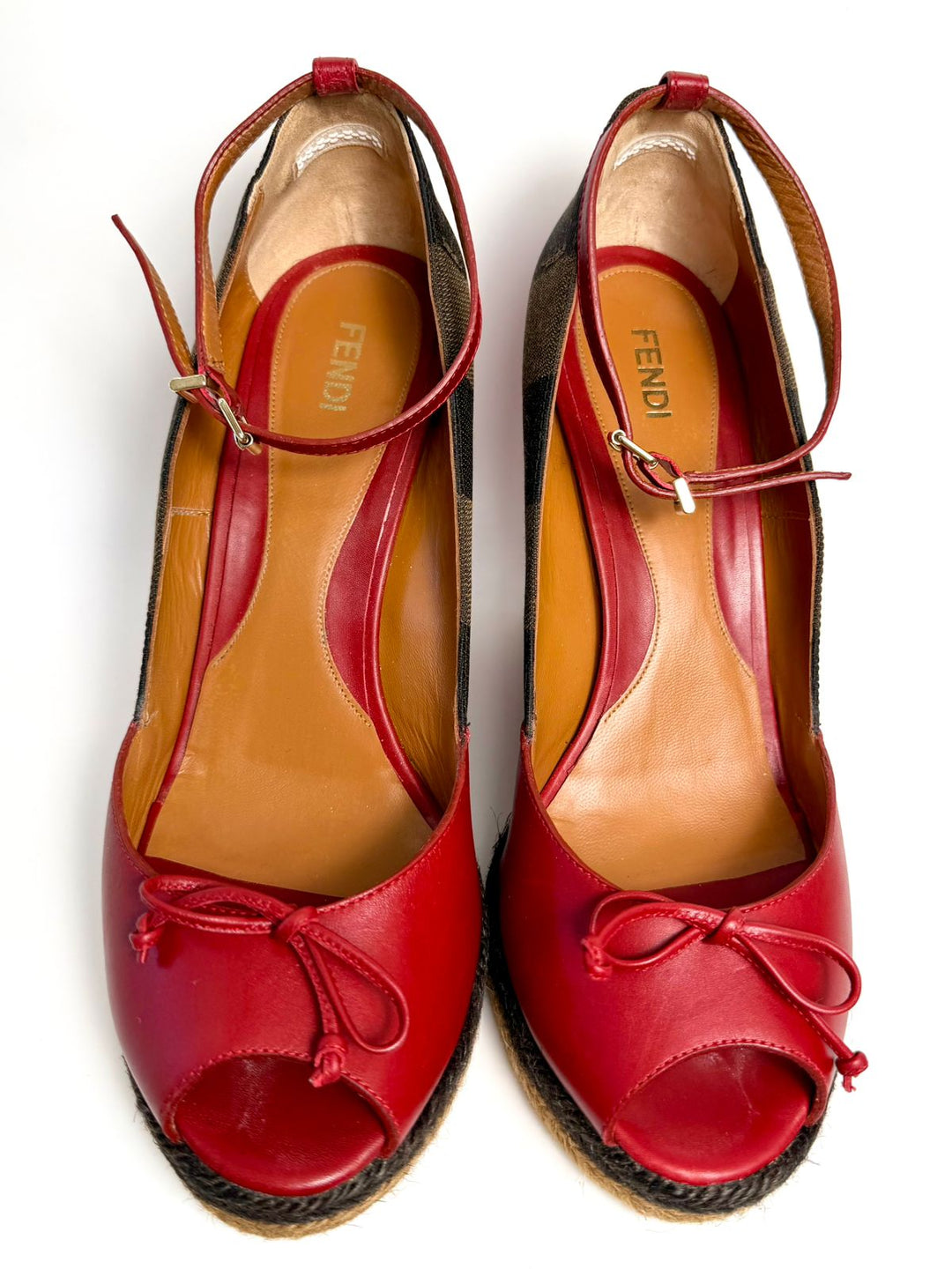 FENDI LEATHER STRIPED CANVAS ANKLE STRAP WEDGE HEEL ESPADRILLES