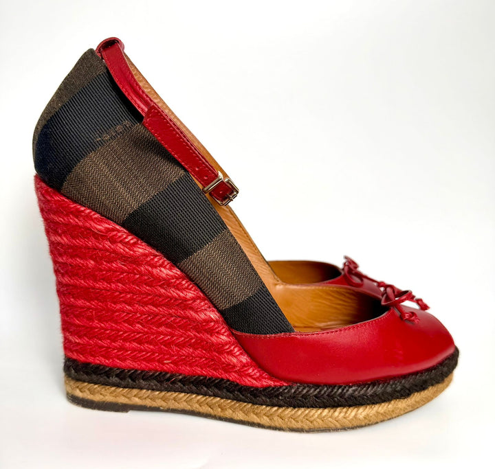 FENDI LEATHER STRIPED CANVAS ANKLE STRAP WEDGE HEEL ESPADRILLES