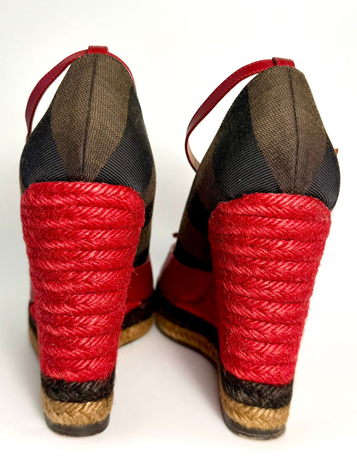 FENDI LEATHER STRIPED CANVAS ANKLE STRAP WEDGE HEEL ESPADRILLES
