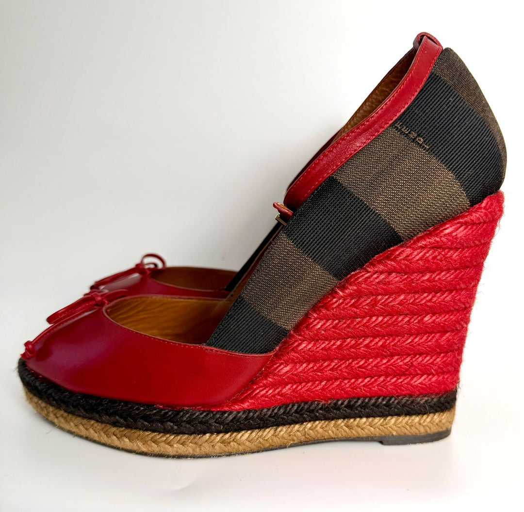 FENDI LEATHER STRIPED CANVAS ANKLE STRAP WEDGE HEEL ESPADRILLES