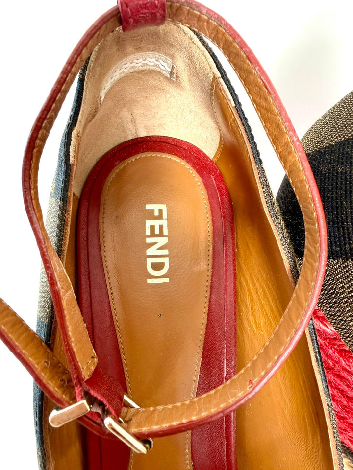 FENDI LEATHER STRIPED CANVAS ANKLE STRAP WEDGE HEEL ESPADRILLES
