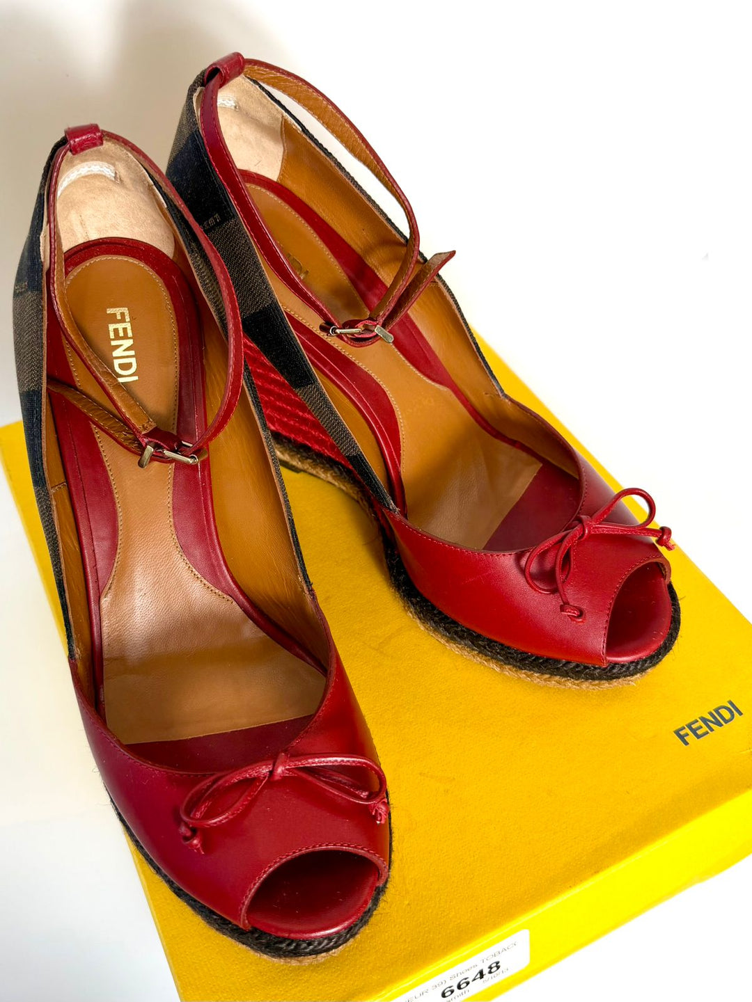 FENDI LEATHER STRIPED CANVAS ANKLE STRAP WEDGE HEEL ESPADRILLES
