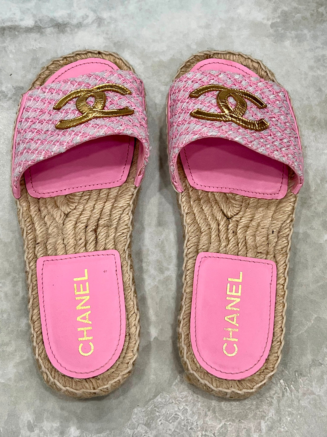 CHANEL INTERLOCKING CC LOGO TWEED ESPADRILLE MULES