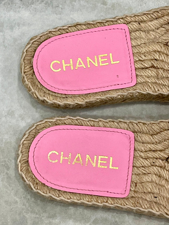 CHANEL INTERLOCKING CC LOGO TWEED ESPADRILLE MULES