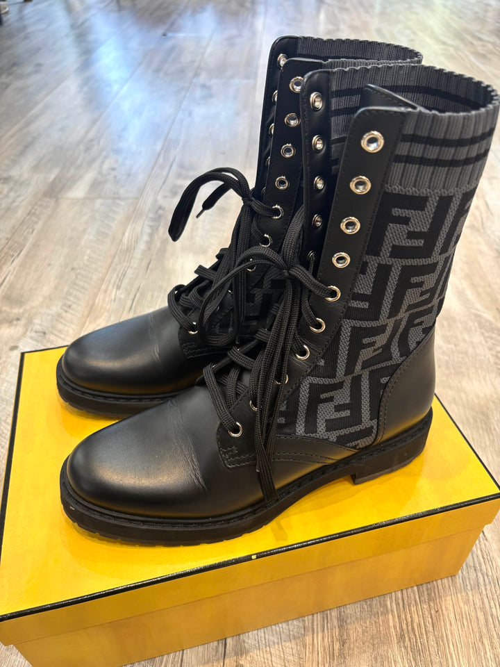 FENDI FF ZUCCA ROCKOKO LEATHER &amp; KNIT COMBAT BOOTS