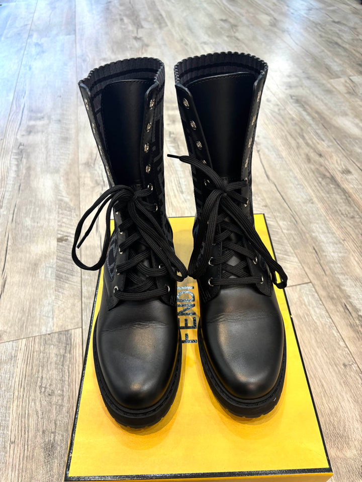 FENDI FF ZUCCA ROCKOKO LEATHER &amp; KNIT COMBAT BOOTS