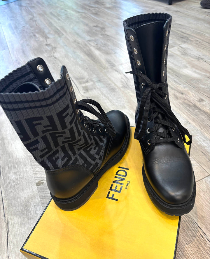 FENDI FF ZUCCA ROCKOKO LEATHER &amp; KNIT COMBAT BOOTS