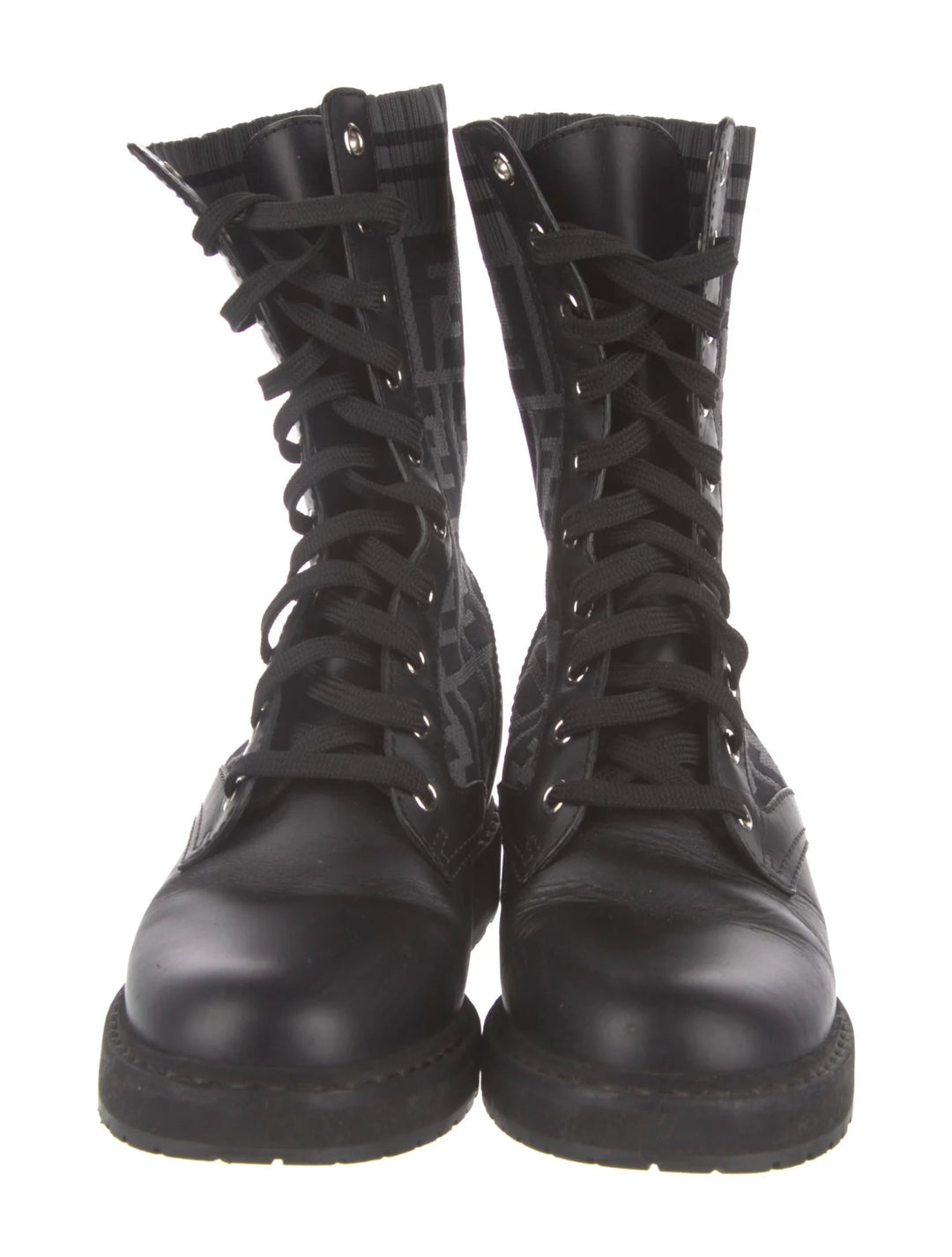 FENDI FF ZUCCA ROCKOKO LEATHER &amp; KNIT COMBAT BOOTS