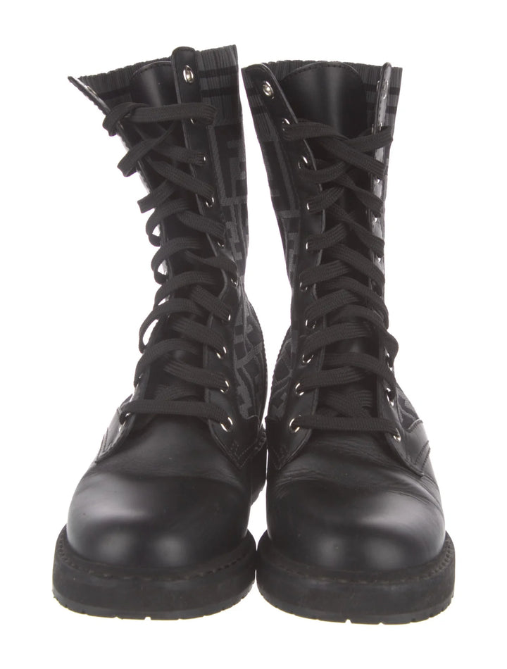 FENDI FF ZUCCA ROCKOKO LEATHER &amp; KNIT COMBAT BOOTS
