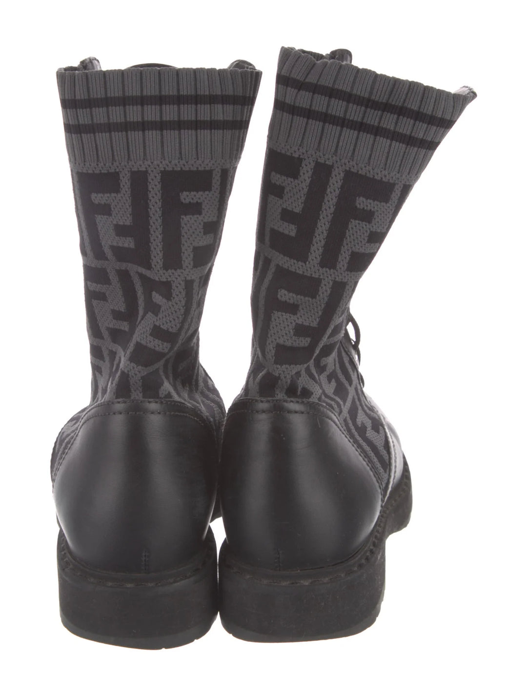 FENDI FF ZUCCA ROCKOKO LEATHER &amp; KNIT COMBAT BOOTS