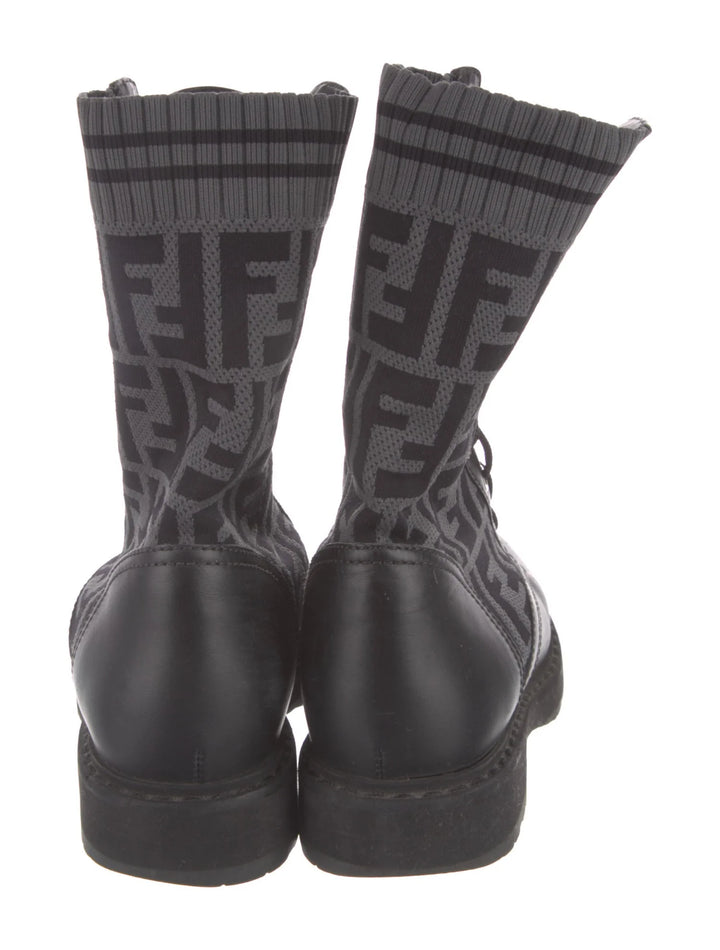 FENDI FF ZUCCA ROCKOKO LEATHER &amp; KNIT COMBAT BOOTS