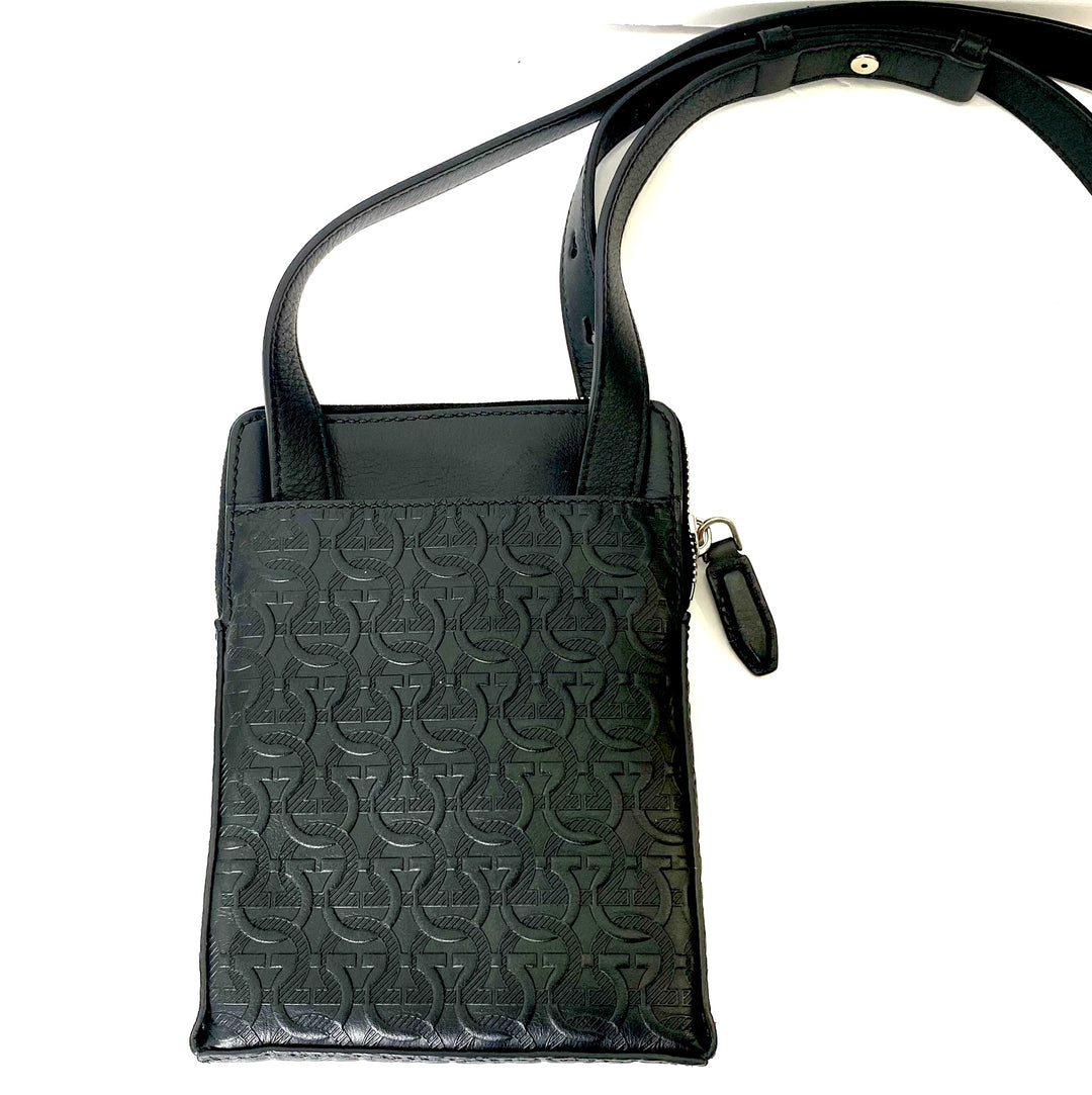 FERRAGAMO GANCINI EMBOSSED LEATHER SMALL MESSENGER BAG