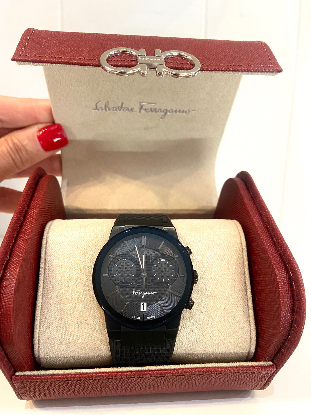 SALVATORE FERRAGAMO SAPPHIRE CHRONO BLACK IP WATCH – Caroline's