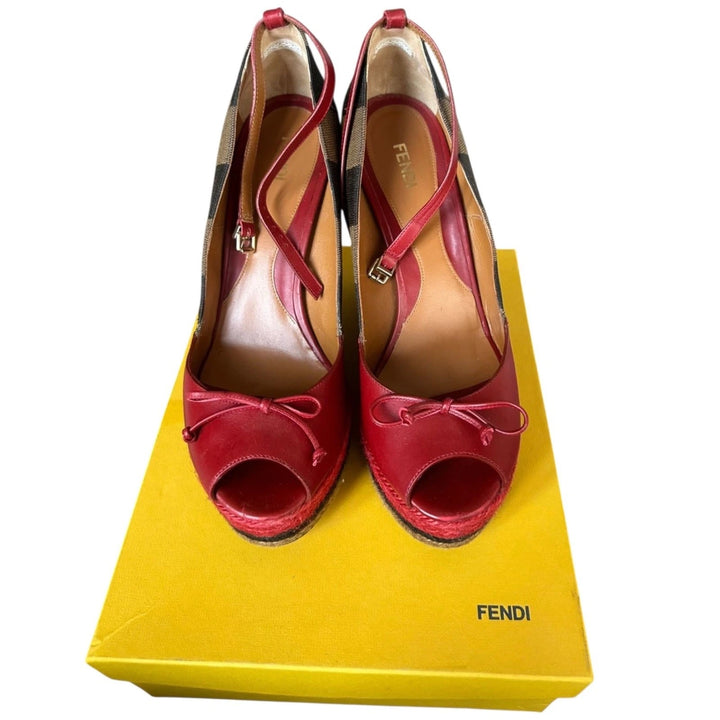 FENDI LEATHER STRIPED CANVAS ANKLE STRAP WEDGE HEEL ESPADRILLES
