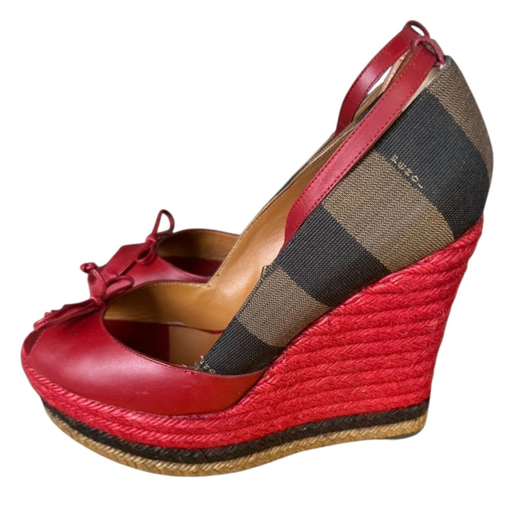 FENDI LEATHER STRIPED CANVAS ANKLE STRAP WEDGE HEEL ESPADRILLES