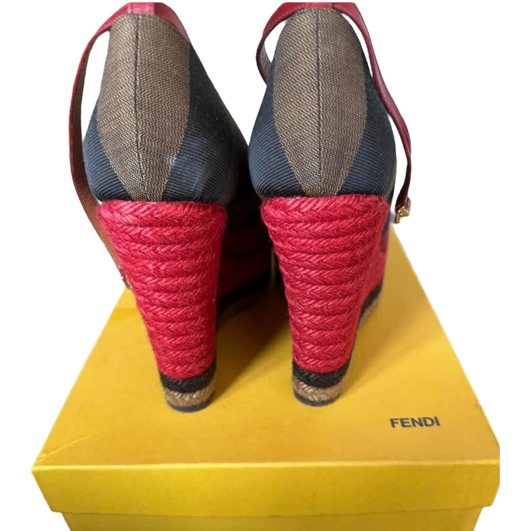 FENDI LEATHER STRIPED CANVAS ANKLE STRAP WEDGE HEEL ESPADRILLES