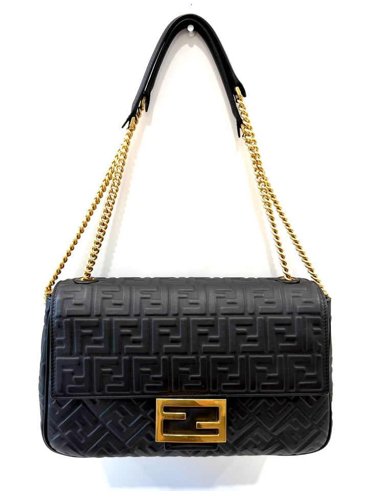 FENDI BAGUETTE FF EMBOSSED LAMBSKIN LEATHER MEDIUM CHAIN BAG