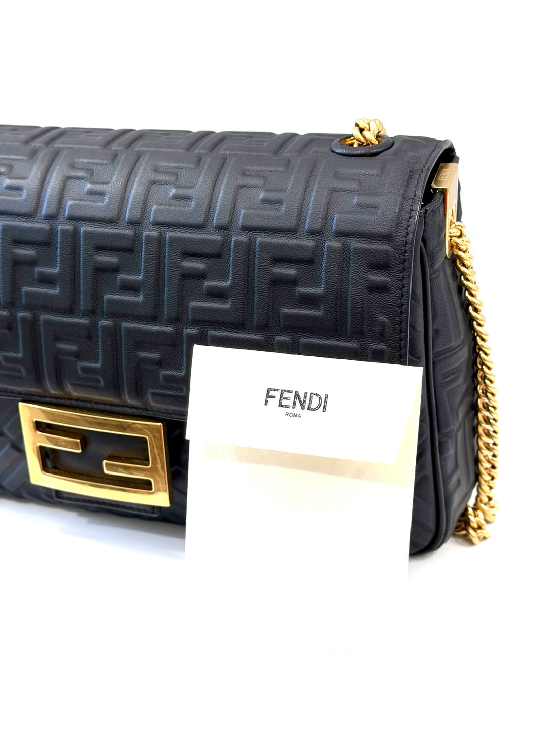 FENDI BAGUETTE FF EMBOSSED LAMBSKIN LEATHER MEDIUM CHAIN BAG