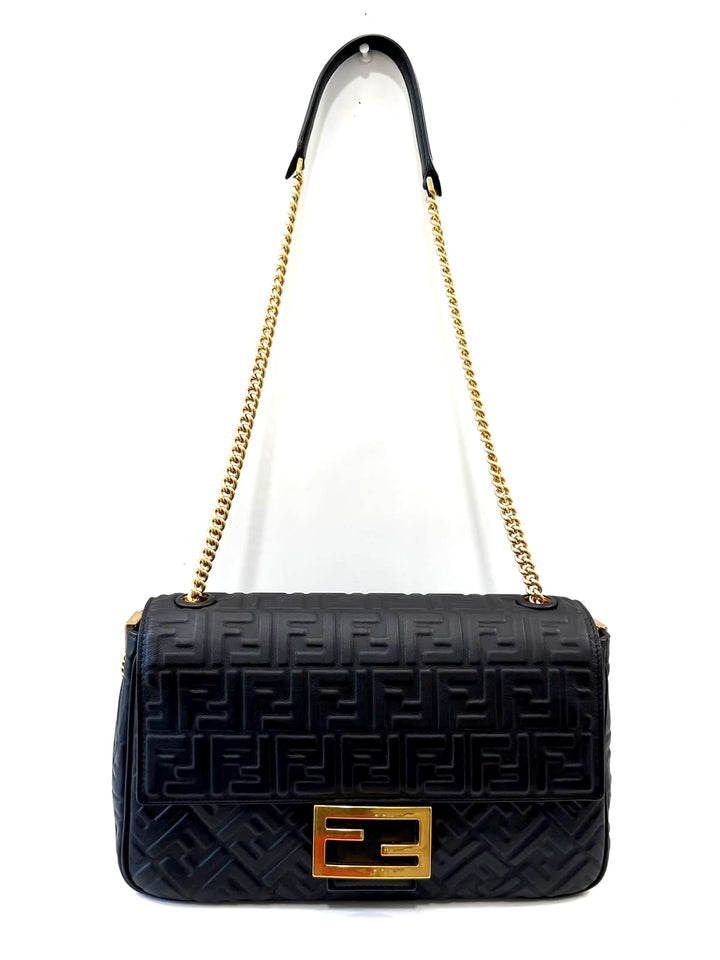FENDI BAGUETTE FF EMBOSSED LAMBSKIN LEATHER MEDIUM CHAIN BAG
