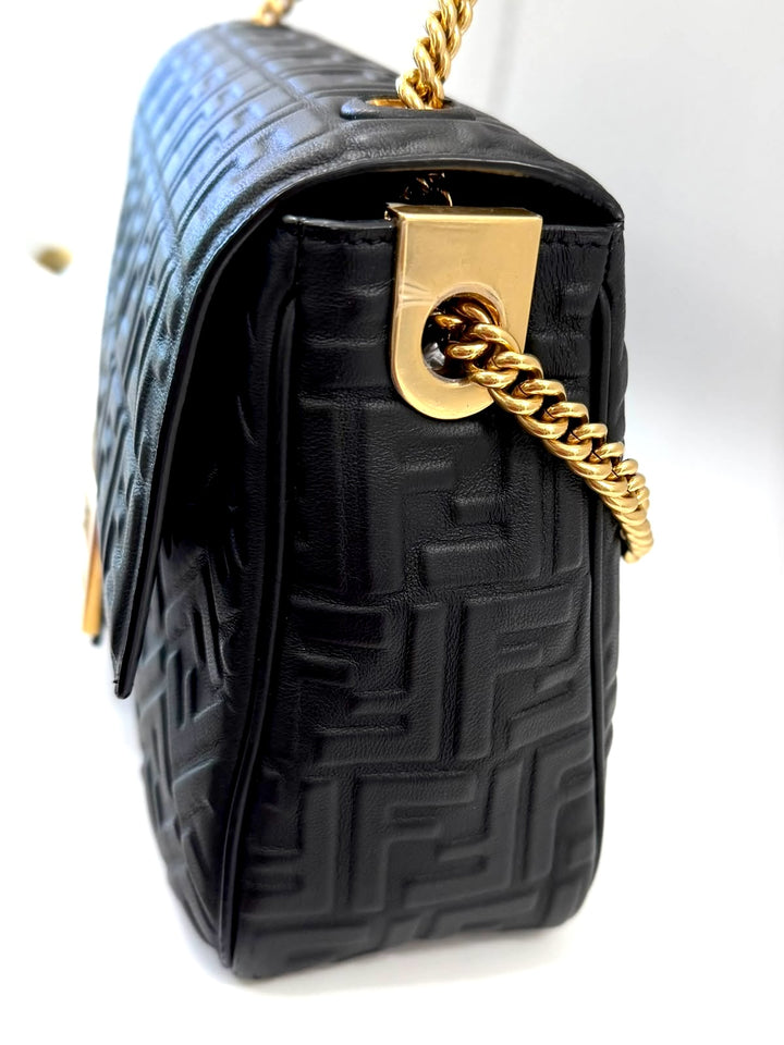 FENDI BAGUETTE FF EMBOSSED LAMBSKIN LEATHER MEDIUM CHAIN BAG