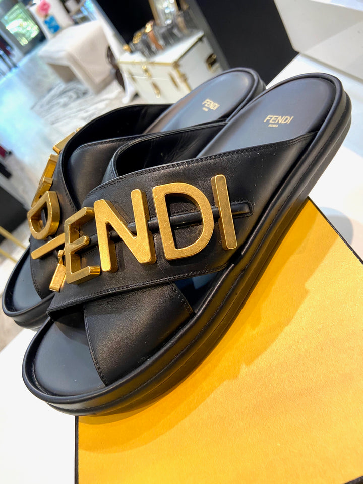 FENDI CALFSKIN LEATHER FENDIGRAPHY SLIDES