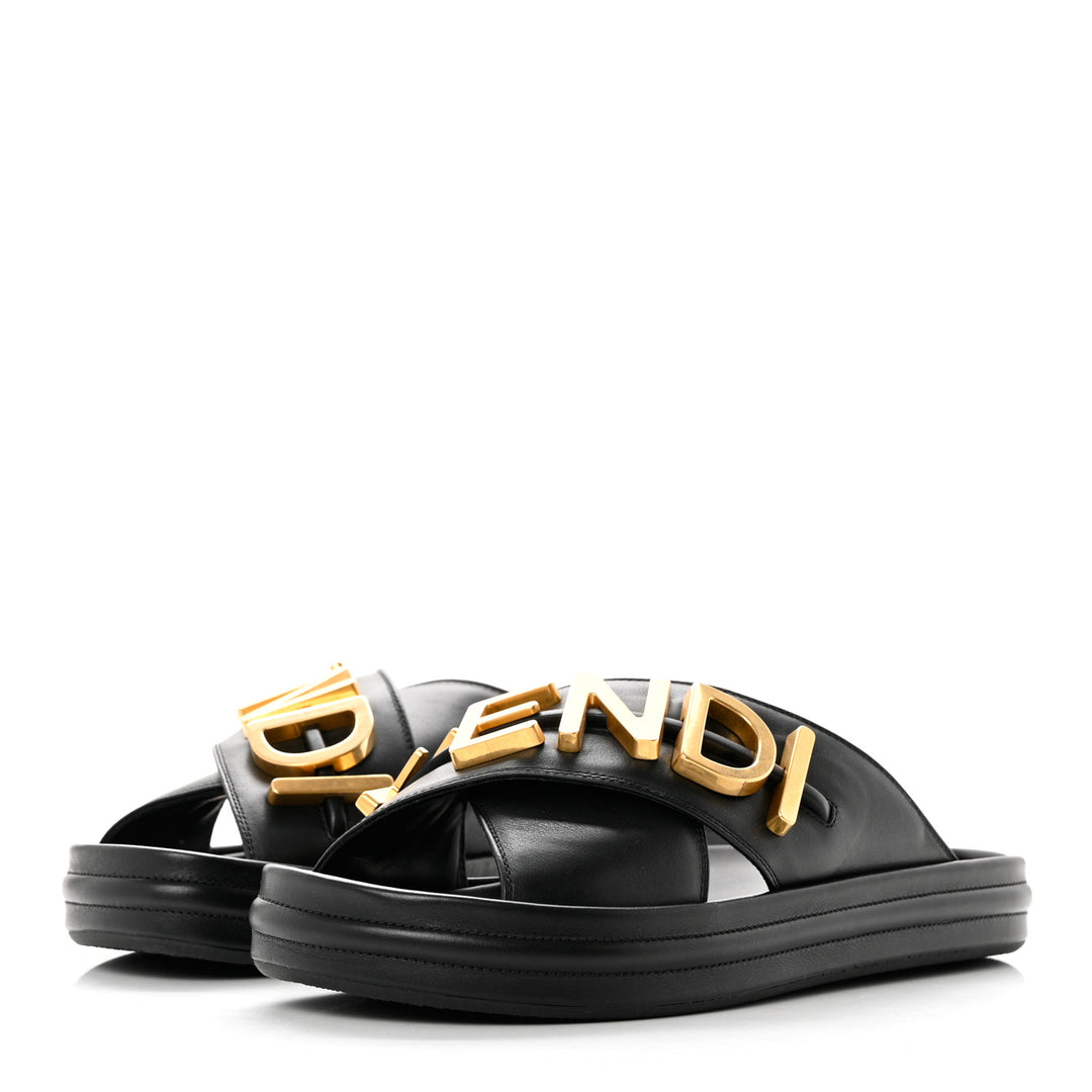 FENDI CALFSKIN LEATHER FENDIGRAPHY SLIDES