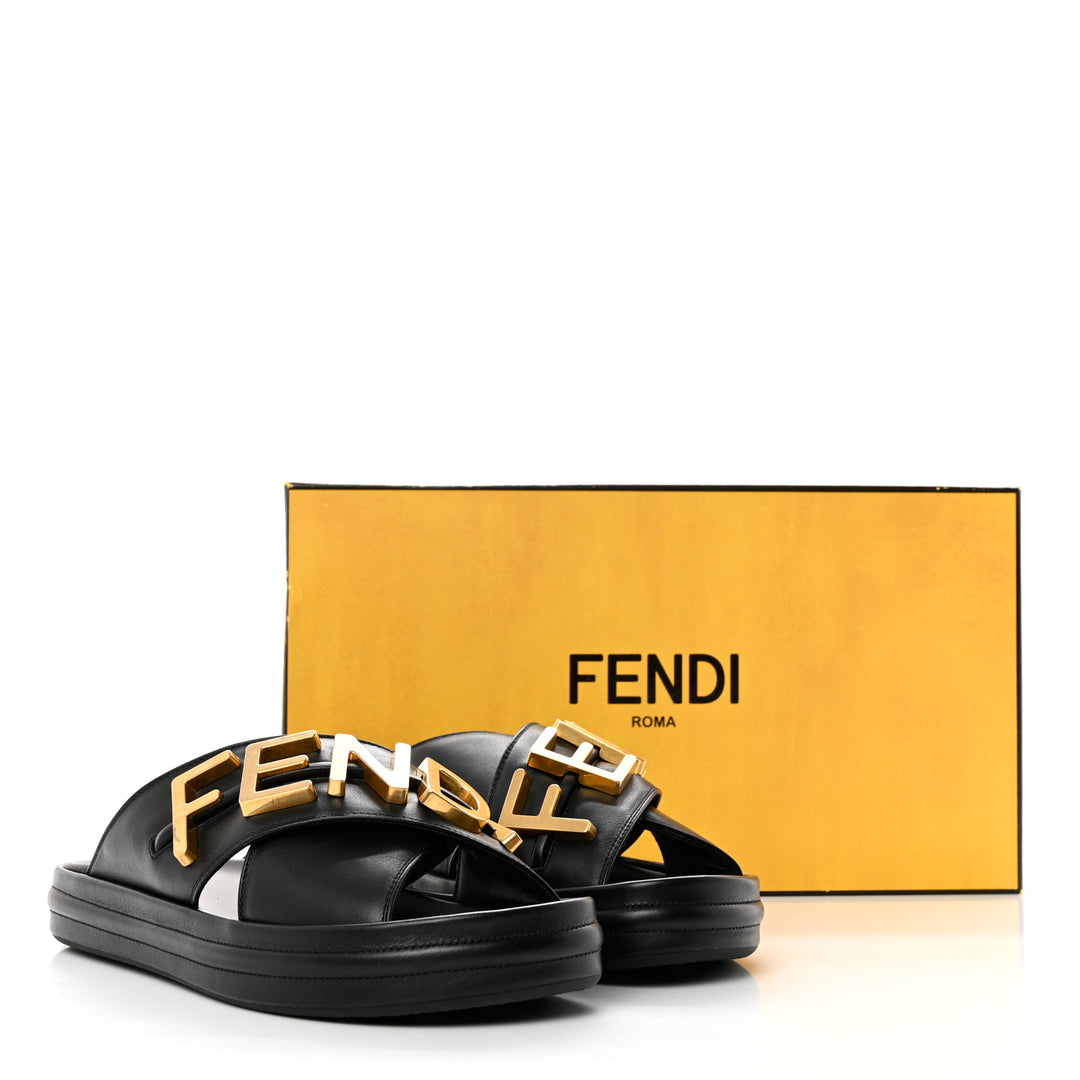 FENDI CALFSKIN LEATHER FENDIGRAPHY SLIDES