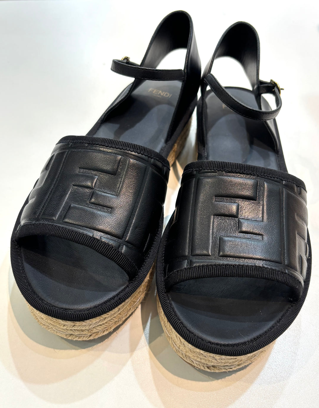 FENDI FF EMBOSSED NAPPA LEATHER PLATFORM ESPADRILLS