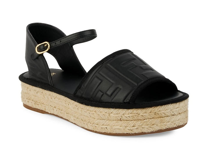 FENDI FF EMBOSSED NAPPA LEATHER PLATFORM ESPADRILLS