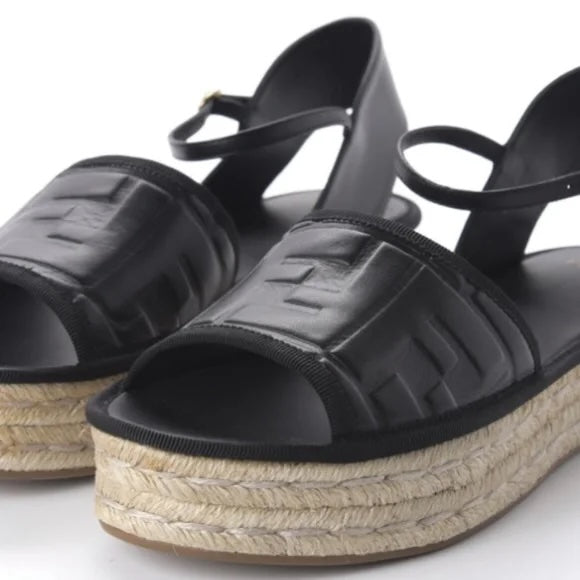 FENDI FF EMBOSSED NAPPA LEATHER PLATFORM ESPADRILLS