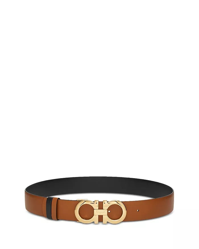 FERRAGAMO GANCINI REVERSIBLE CALFSKIN LEATHER BELT – TAN/BLACK