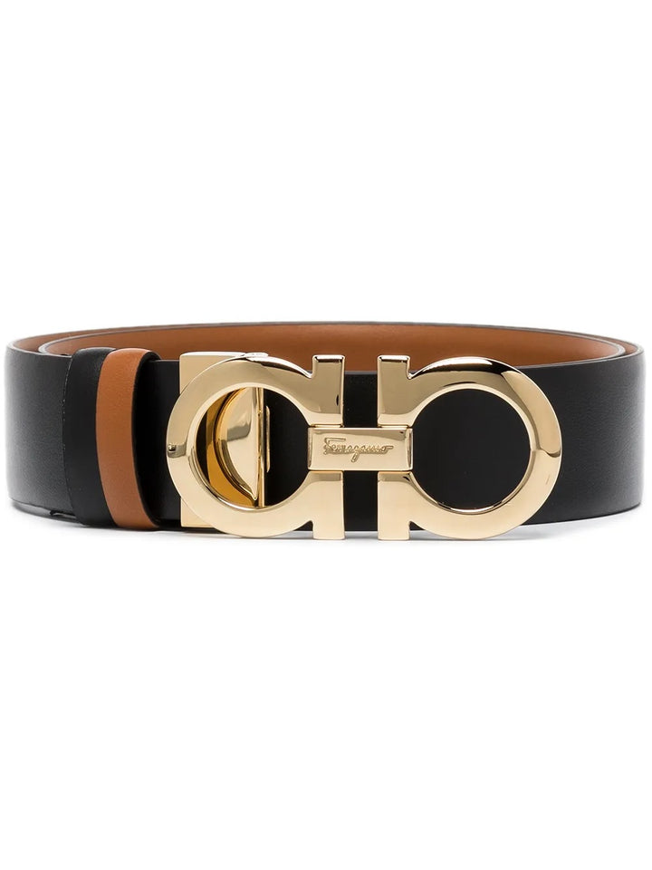 FERRAGAMO GANCINI REVERSIBLE CALFSKIN LEATHER BELT – TAN/BLACK