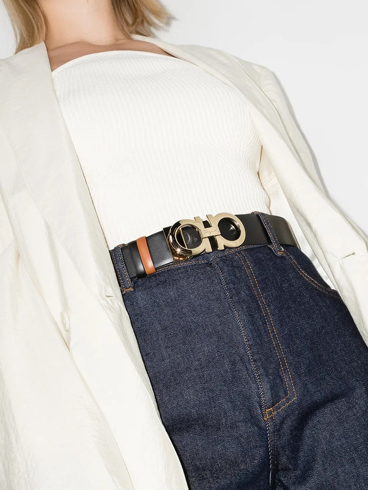 FERRAGAMO GANCINI REVERSIBLE CALFSKIN LEATHER BELT – TAN/BLACK