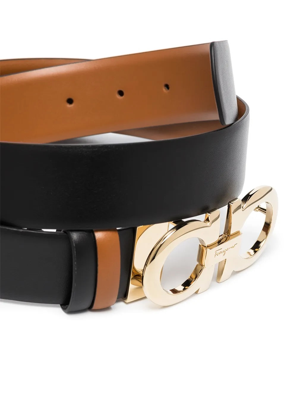 FERRAGAMO GANCINI REVERSIBLE CALFSKIN LEATHER BELT – TAN/BLACK