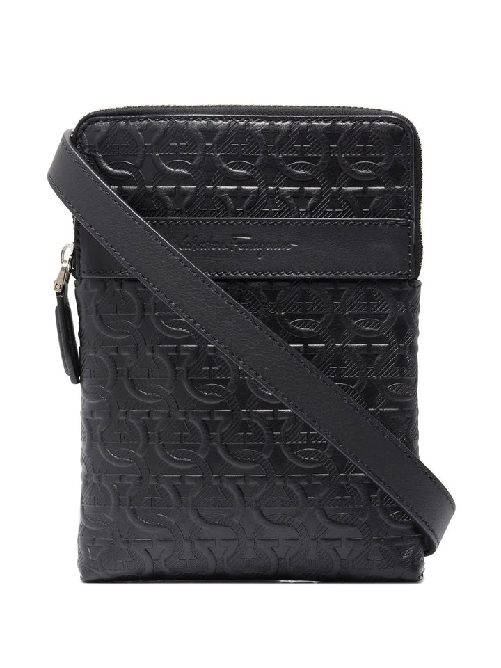 FERRAGAMO GANCINI EMBOSSED LEATHER SMALL MESSENGER BAG